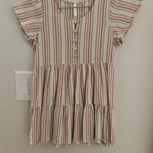 Rylee and Cru Striped Tiered Button-Front Mini Dress in Neutral Stripes Size 4-5